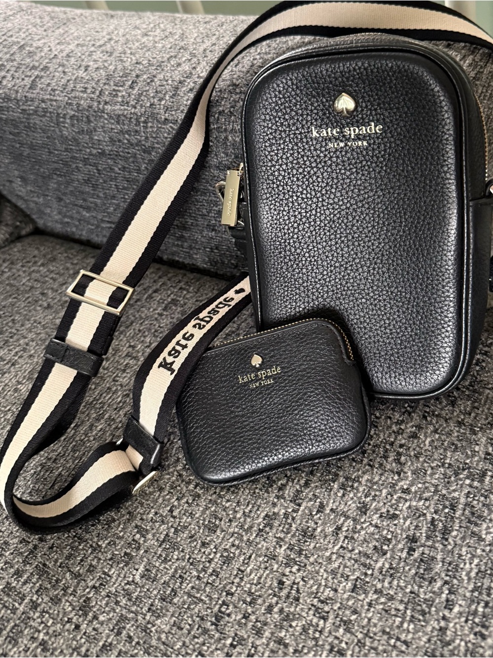 kate spade Black Pebbled Leather Crossbody with Striped Strap